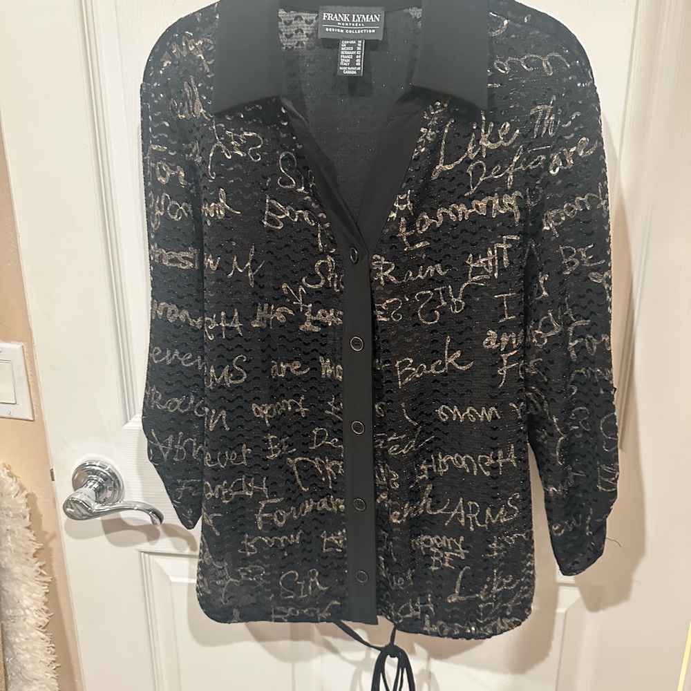 Frank Lyman Black Button-Up Shirt with Gold Script